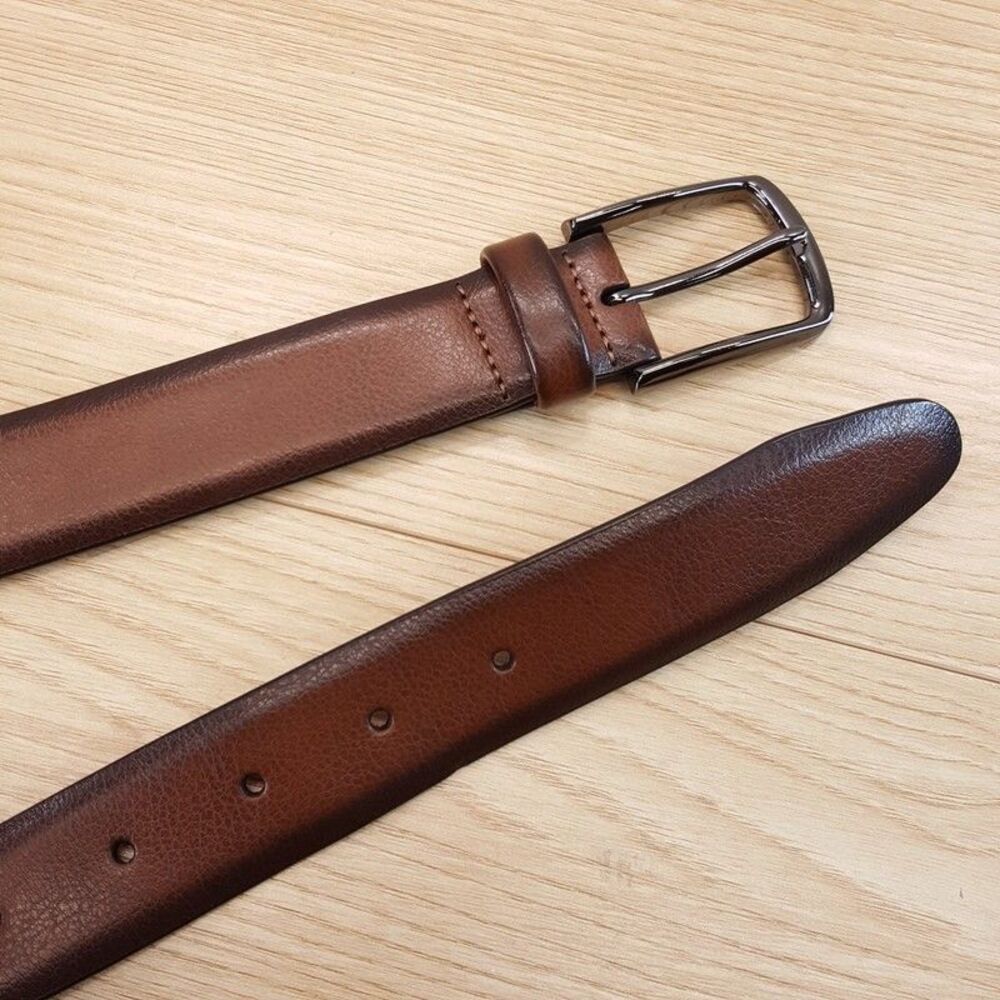 PERRY ELLIS Belt Mens Size 32 Brown Burnished Edge Leather Silver Buckle